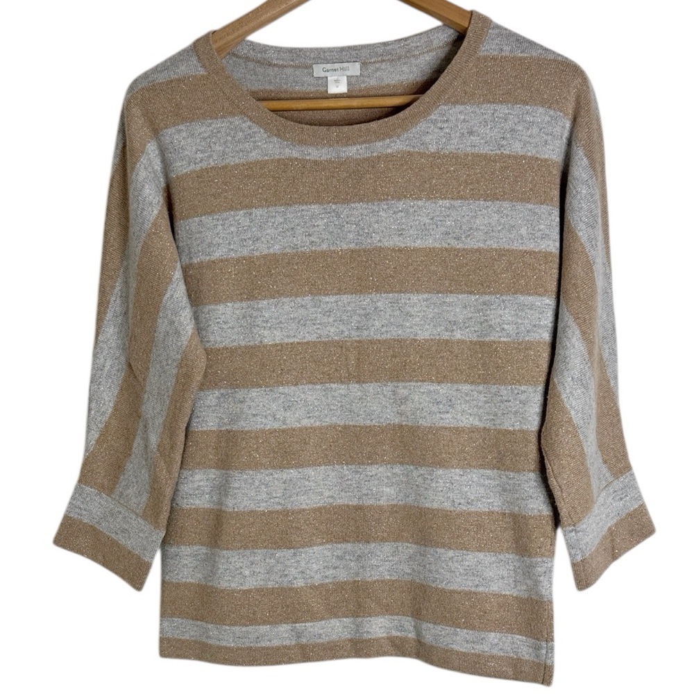 Garnet Hill Gray and Brown Metallic Crew Neck Striped Sweater 3/4 sleeves size M